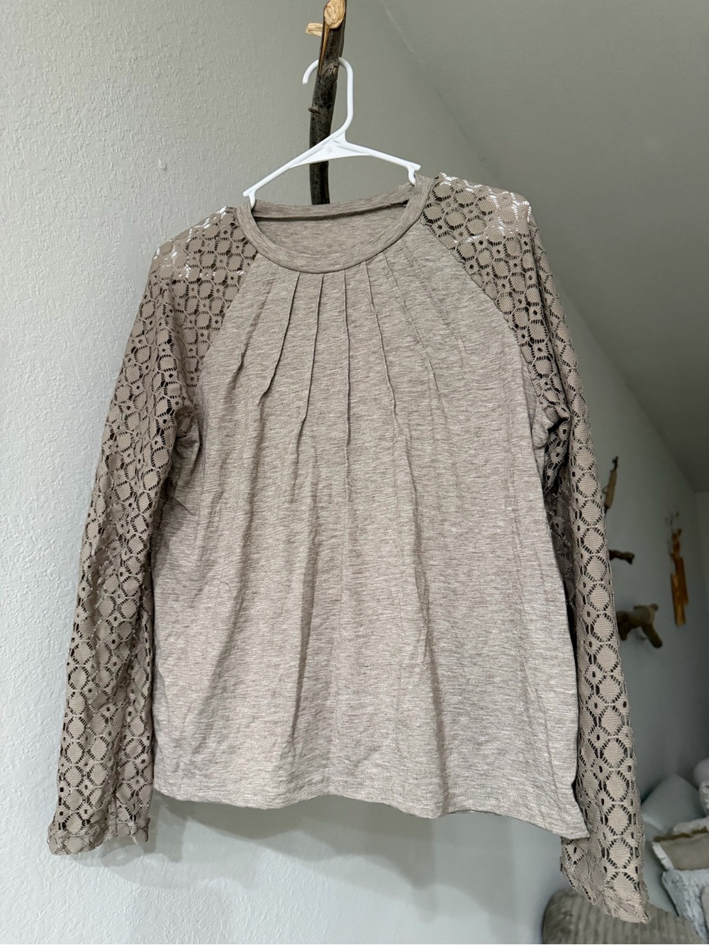 Lace-Sleeve Pleated Long-Sleeve Top - Taupe